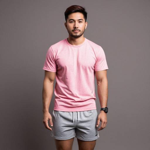 Asian Man in Pink T-Shirt and Grey Shorts