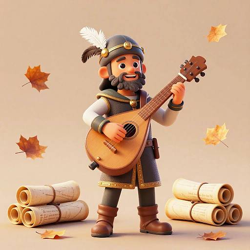 CGI cartoon of a bearded, mustachioed man in traditional Ottoman attire, playing an acoustic guitar, with autumn leaves and rolled maps in