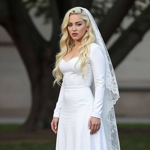 Photograph of a blonde woman with long wavy hair, wearing a white long-sleeve wedding dress and lace veil, standing outdoors with blurred trees