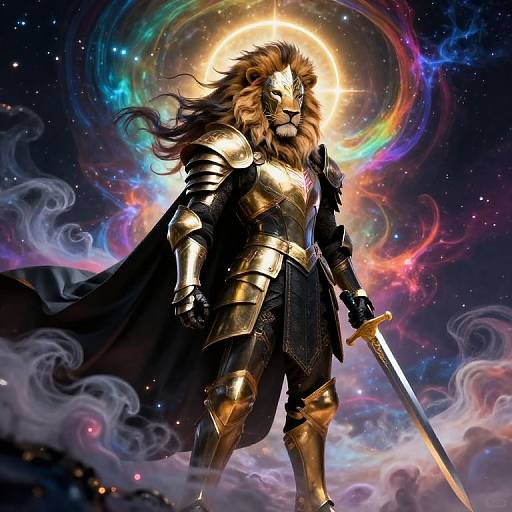 Digital art of a lion-headed armored warrior with flowing mane, holding a sword, surrounded by colorful cosmic clouds and a radiant halo.