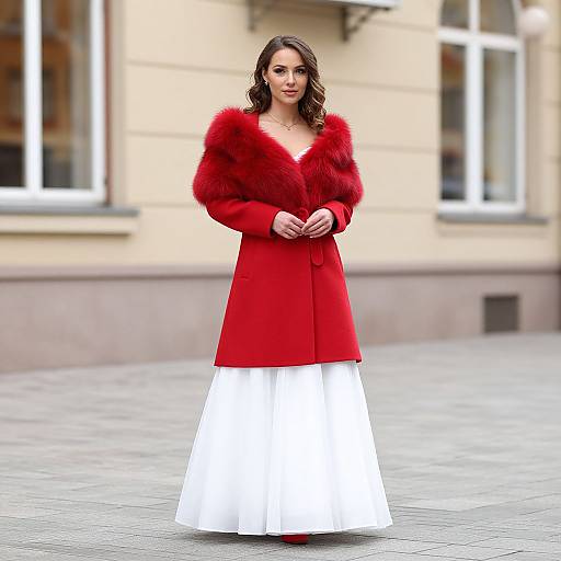 Photograph of a woman with wavy brown hair, wearing a red fur-trimmed coat over a white skirt, standing on a paved street in