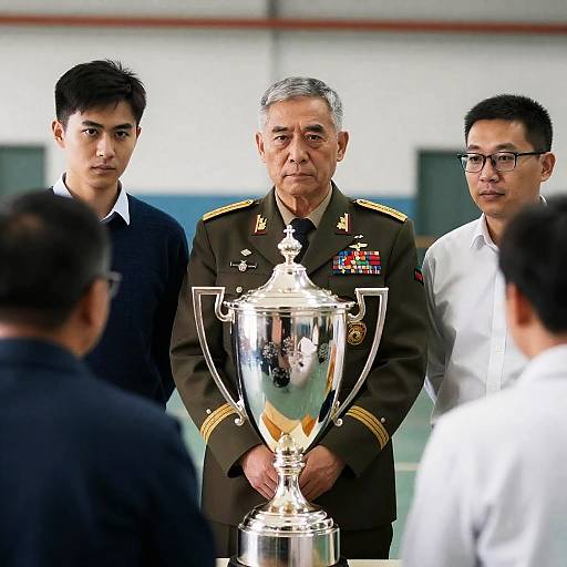 Men in Uniform Around a Silver Trophy