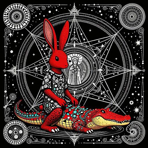 Vibrant digital illustration of a red bunny riding a red crocodile, both adorned with beads, surrounded by intricate white magical symbols on a black background