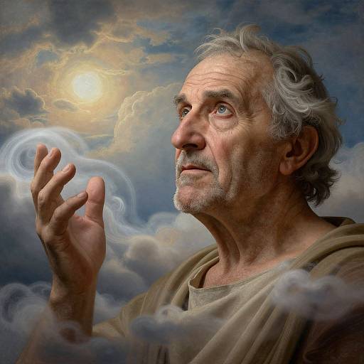 Photorealistic digital art of an elderly man with gray hair and beard, gazing at a glowing sun amidst swirling clouds.