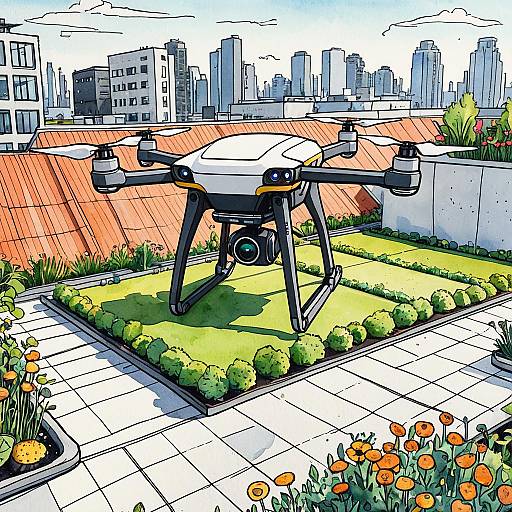 Friendly Delivery Drone on Urban Rooftop Garden