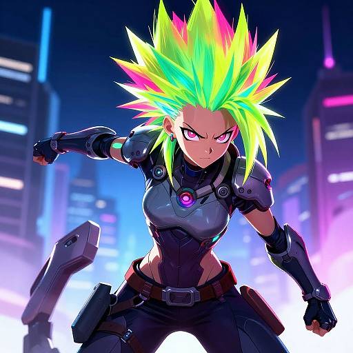 Digital anime-style drawing of a fierce, muscular woman with neon green, yellow, and pink spiky hair, wearing black tactical gear, glowing purple eyes