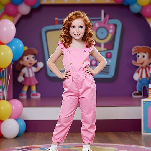 Photograph of a smiling young girl with curly red hair, wearing a pink jumpsuit, standing confidently on stage with colorful balloons, cartoon characters, and