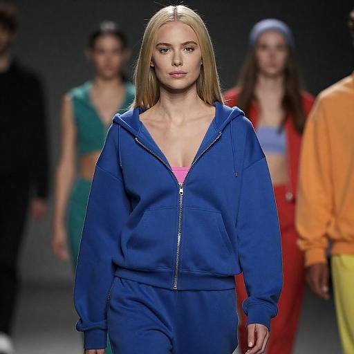 Blonde Woman in Blue Hoodie on Runway