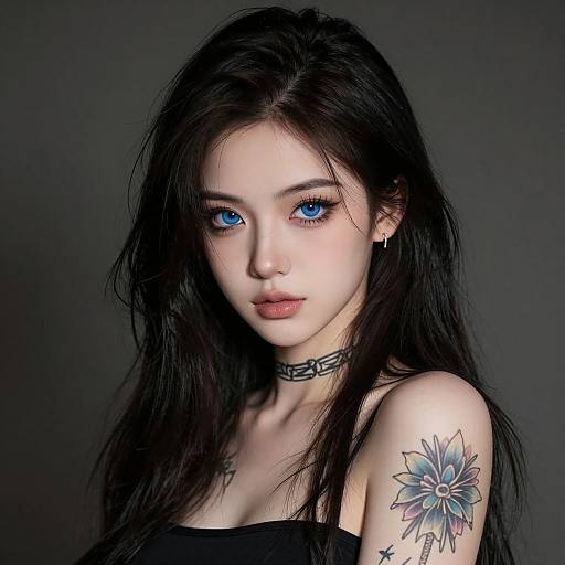 Photograph of a young woman with pale skin, blue eyes, black hair, wearing a black choker and strapless top, showcasing a colorful floral