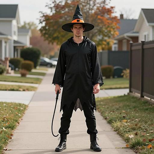 Man in Witch Costume on Suburban Sidewalk