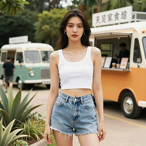 Photograph of a young Asian woman with long dark hair, wearing a white crop top and frayed denim shorts, standing in front of a vintage orange
