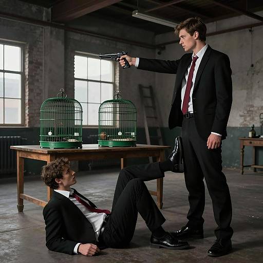 Tense Confrontation in Warehouse Setting