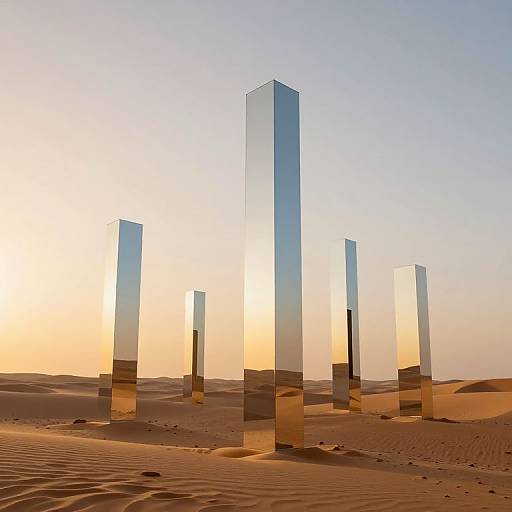 Photograph of seven tall, reflective glass sculptures in a desert at sunset, casting golden shadows on rippled sand dunes.