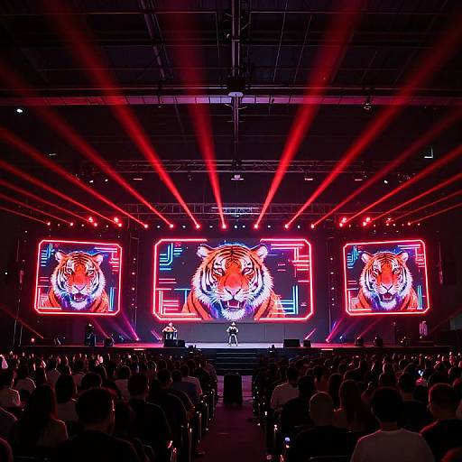 Photograph of a vibrant nightclub stage with neon red tiger faces on three large screens, spotlight beams, and a silhouetted audience.