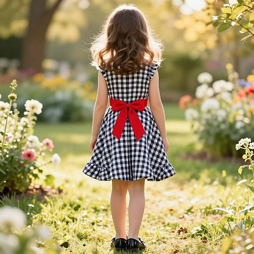Photograph of a young girl with long brown hair, wearing a black-and-white checkered dress with a bright red bow, standing in a sunlit