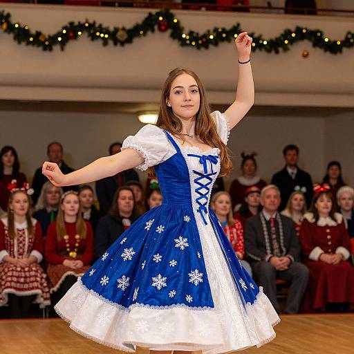 Photograph of a young woman in a blue and white snowflake-patterned dress, performing a dance on a wooden stage, with an audience in festive