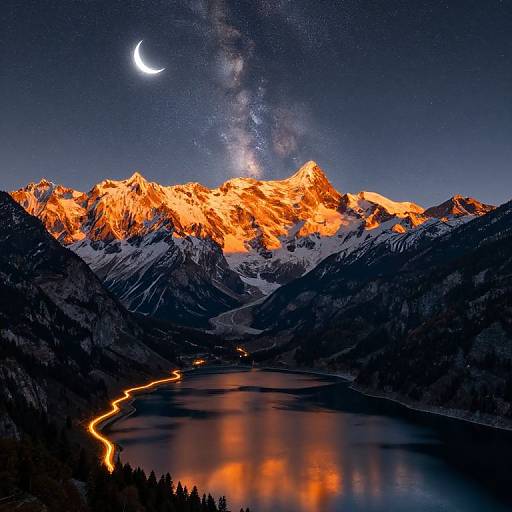 Photograph of a nighttime mountain landscape with glowing orange peaks, a crescent moon, Milky Way, and a winding river reflecting starlight.