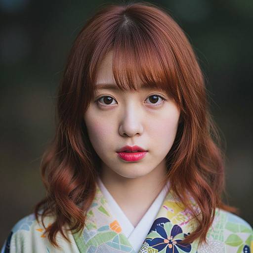 Photograph of a young Asian woman with fair skin, red wavy hair, and red lipstick, wearing a floral-patterned kimono, against a