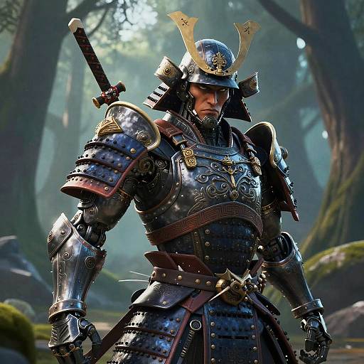 Digital artwork of a samurai warrior in detailed, reflective armor with horned helmet, standing in a misty forest. Sword sheathed on back,
