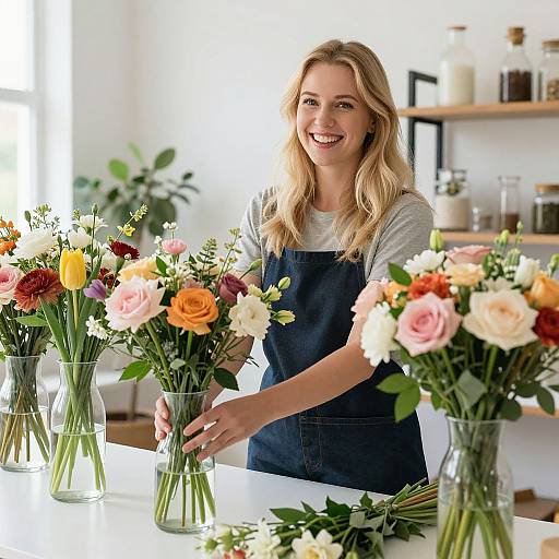 Blonde woman in blue apron smiles, arranging colorful floral bouquets in clear vases on white table in bright, modern flower shop.