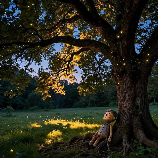 Photograph of a doll with short brown hair and striped dress, sitting against a large tree at dusk, surrounded by glowing fireflies.