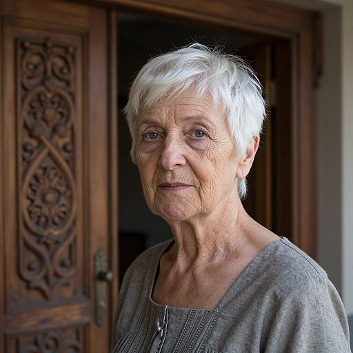 Photograph of an elderly woman with short white hair, wrinkles, and fair skin, wearing a gray, embroidered blouse, standing in front of a wooden