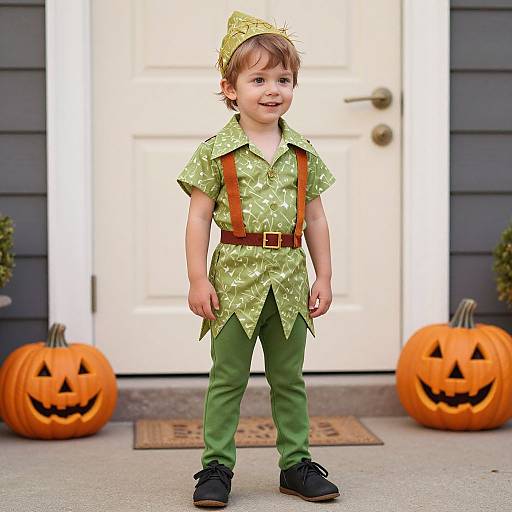 Photograph of a young boy in a green elf costume with brown suspenders, green pants, and black shoes, standing in front of a white door
