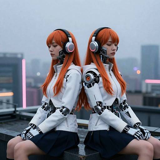 Photograph of twin cosplayers with long orange hair, white jackets, black shorts, and headphones, sitting back-to-back on rooftop, foggy city