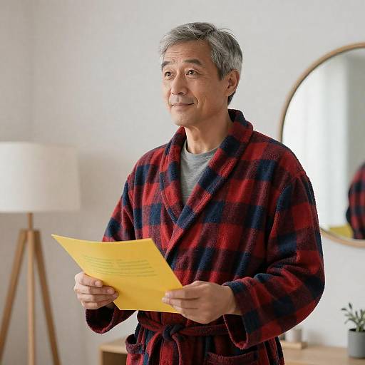 Middle-Aged Man in Plaid Bathrobe