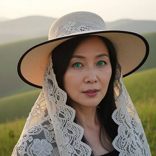 Photograph of an Asian woman with green eyes, wearing a large black and beige lace sunhat and matching lace veil, standing in a green, h