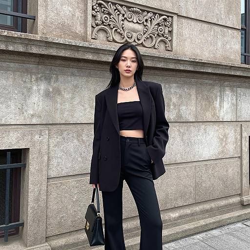 Fashionable Woman in Black Outfit Against Stone Building