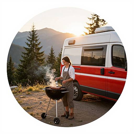 Photograph: Woman in white shirt and brown overalls grills on portable BBQ beside red and white van in mountainous forest.