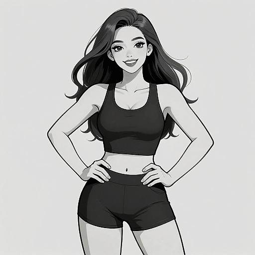 Confident Young Woman in Grayscale Illustration