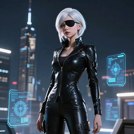 CGI image of a white-haired woman with black sunglasses, wearing a shiny black leather jumpsuit, standing in a futuristic cityscape with glowing holographic