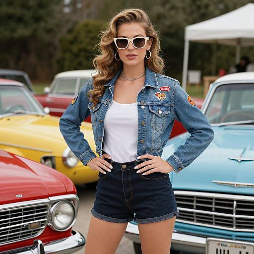 Photograph of a confident woman in white sunglasses, denim jacket, white tank top, and dark denim shorts, standing in front of classic cars at a