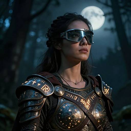 Digital artwork of a dark-haired woman in futuristic armor with reflective details, wearing visor-like goggles, under a moonlit forest.