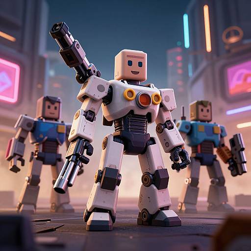 CGI image of three blocky, white robotic soldiers with blue accents, standing in a neon-lit, futuristic city street at night.