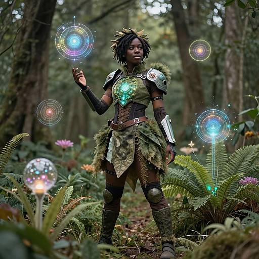 Photorealistic CGI: African warrior woman in forest, glowing orbs floating around her, wearing leafy armor, dark skin, spiked hair, surrounded by