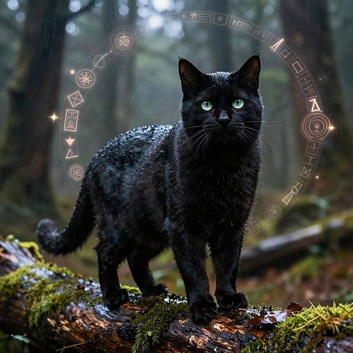 Photograph of a wet, black cat with glowing green eyes standing on a moss-covered log in a rain-soaked forest, surrounded by magical, glowing