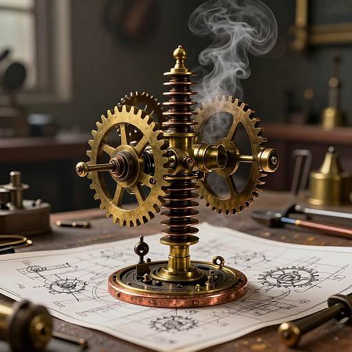 Steampunk Spindle with Gears and Steam in Workshop