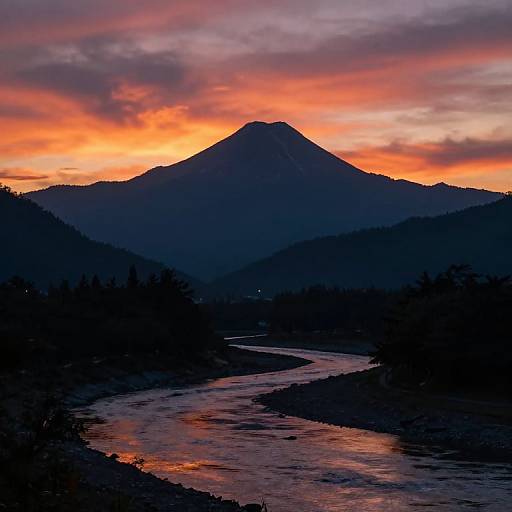 Photograph of a silhouetted mountain with a vivid orange and pink sunset sky, reflecting on a winding river in the foreground.