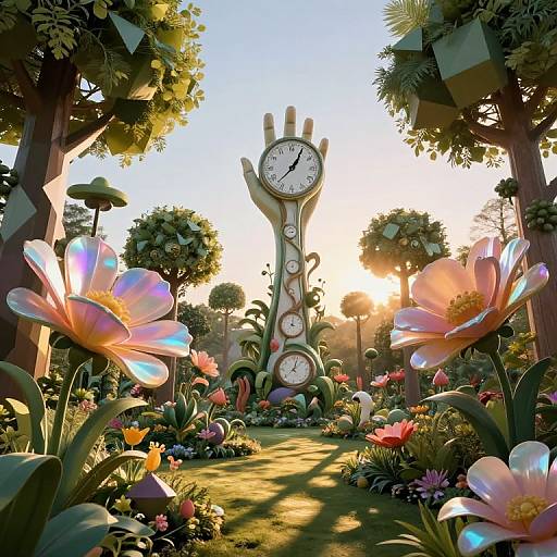 Photograph of a whimsical garden with giant, colorful flowers, towering clock tower, and sunlight filtering through trees. Fantasy-like, surreal style.