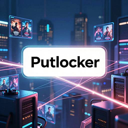 Digital CGI image of a futuristic cityscape with neon lights, multiple screens showing people, and the word 