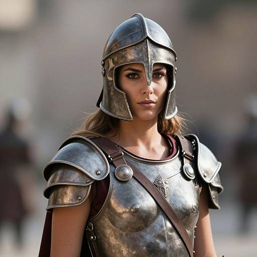 Photorealistic CGI of a young woman with long brown hair, wearing medieval silver armor and a helmet, standing in a blurred, sunlit medieval street