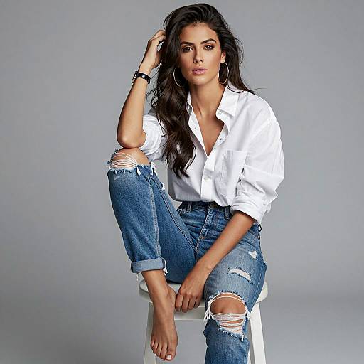 Woman in White Shirt and Ripped Jeans Sitting on Stool