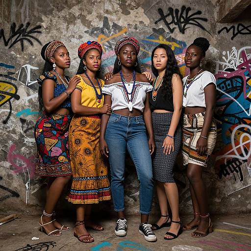 Photograph of five Black women standing against graffiti-covered concrete wall, wearing vibrant, patterned dresses and jeans, with beaded headbands.