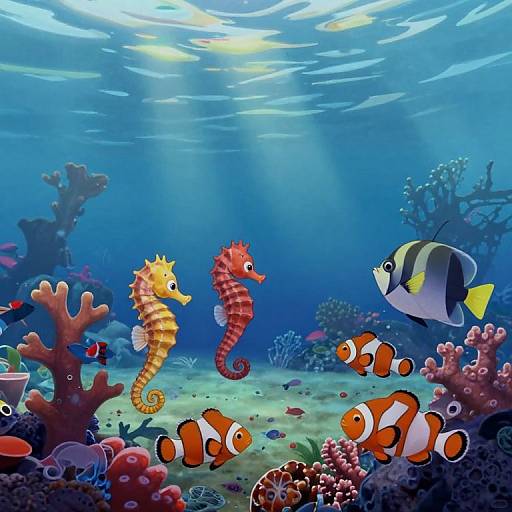 Colorful underwater scene: orange seahorse, red seahorse, black-and-yellow fish, and orange-and-white clownfish swim among vibrant coral