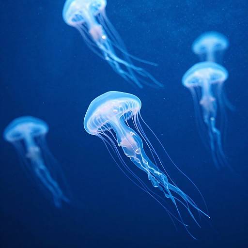 Photograph of glowing blue jellyfish with translucent bodies and flowing tentacles, floating in a deep blue underwater ocean background.
