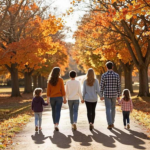 Photograph of a family of six walking hand-in-hand down a sunlit, autumnal path with vibrant orange and yellow leaves.