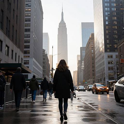 Photograph of a city street at sunset, with a silhouetted woman in a coat walking away, surrounded by tall buildings and scattered pedestrians.